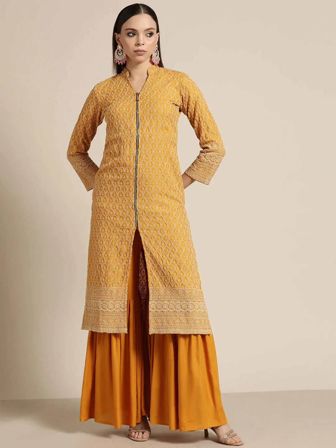 Jompers Women's Mustard Embroidered Kurta with Sharara - Mustard - Distacart