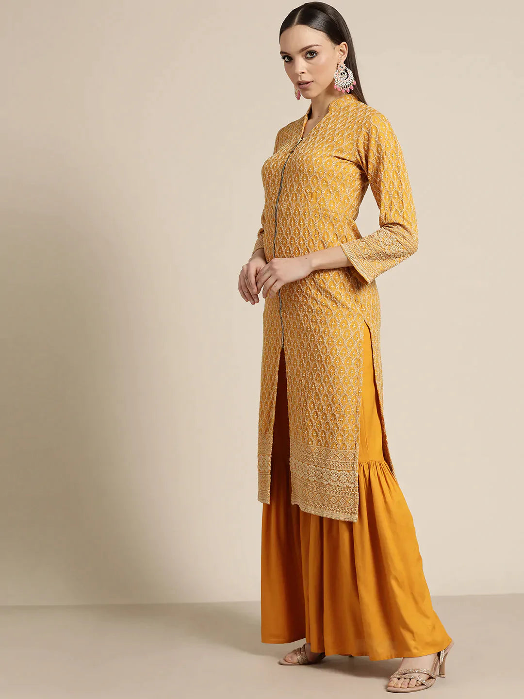 Jompers Women's Mustard Embroidered Kurta with Sharara - Mustard - Distacart