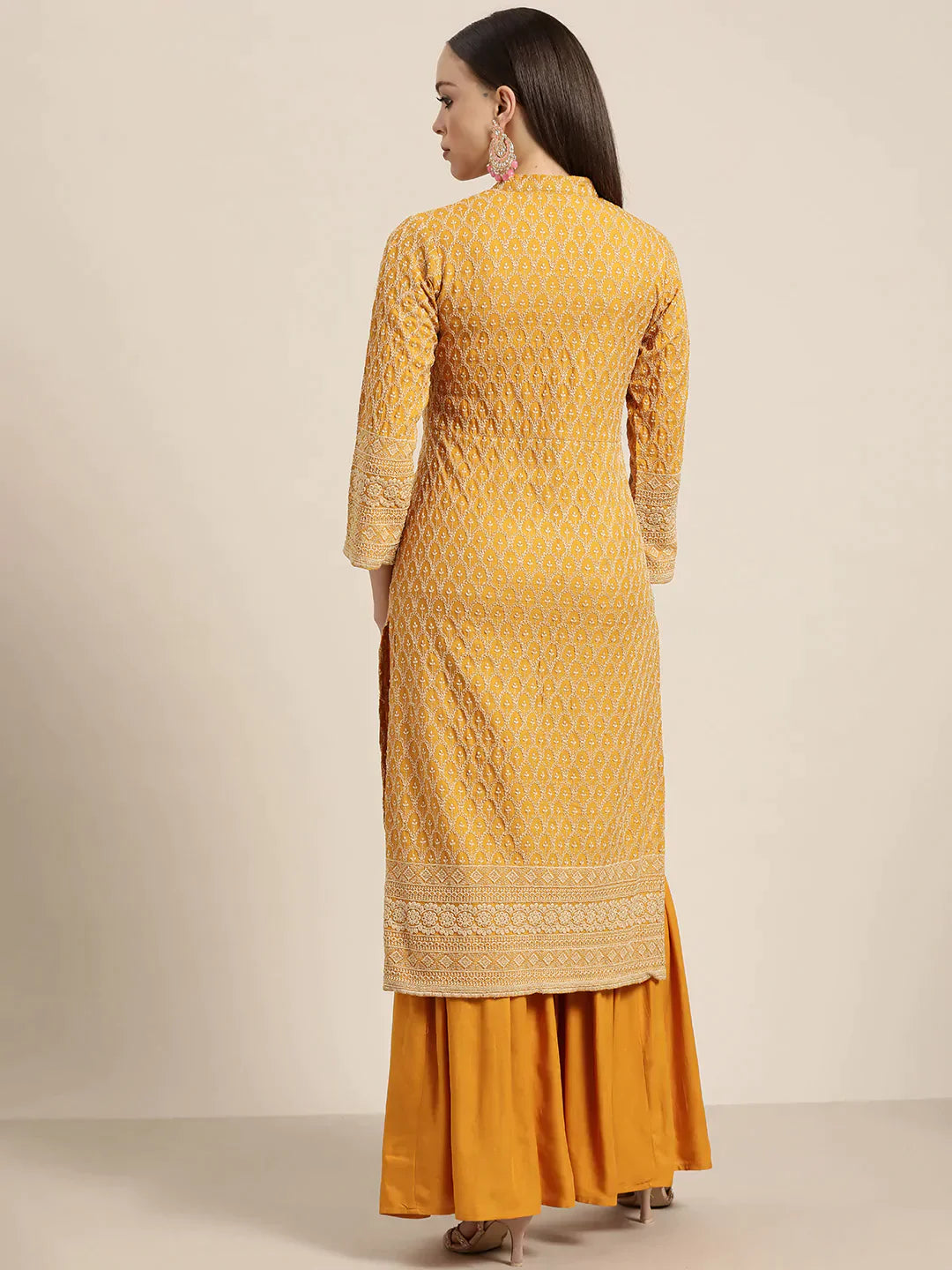 Jompers Women's Mustard Embroidered Kurta with Sharara - Mustard - Distacart