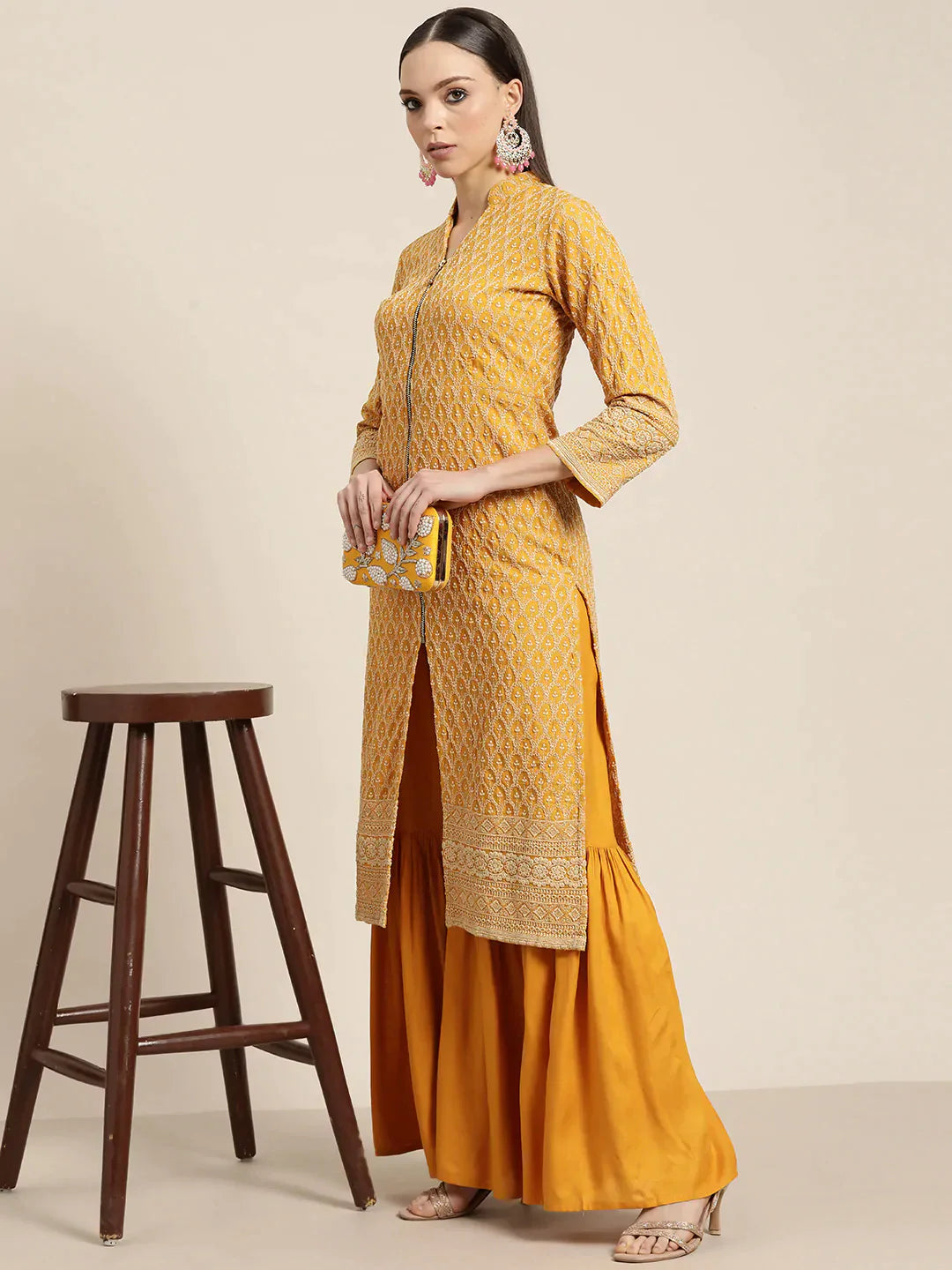 Jompers Women's Mustard Embroidered Kurta with Sharara - Mustard - Distacart