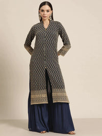 Thumbnail for Jompers Women's Navy Embroidered Kurta with Sharara - Navy Blue - Distacart