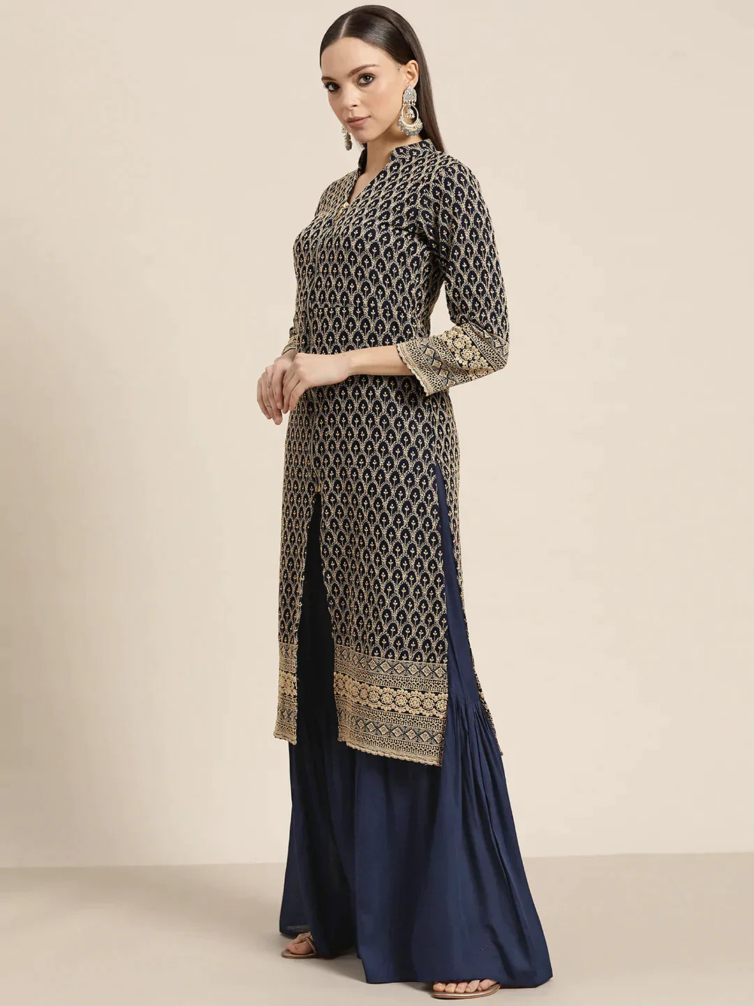 Jompers Women's Navy Embroidered Kurta with Sharara - Navy Blue - Distacart