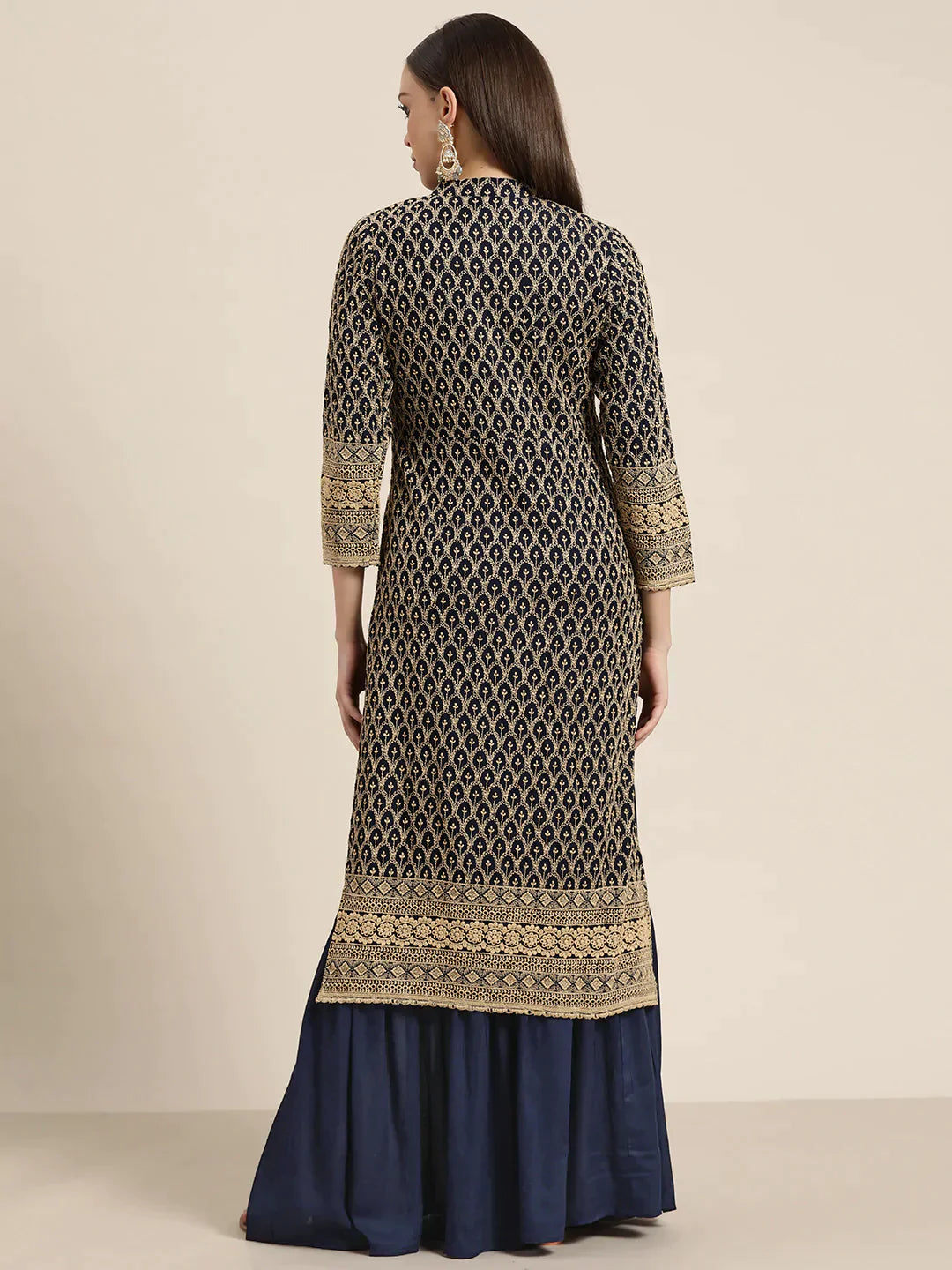 Jompers Women's Navy Embroidered Kurta with Sharara - Navy Blue - Distacart