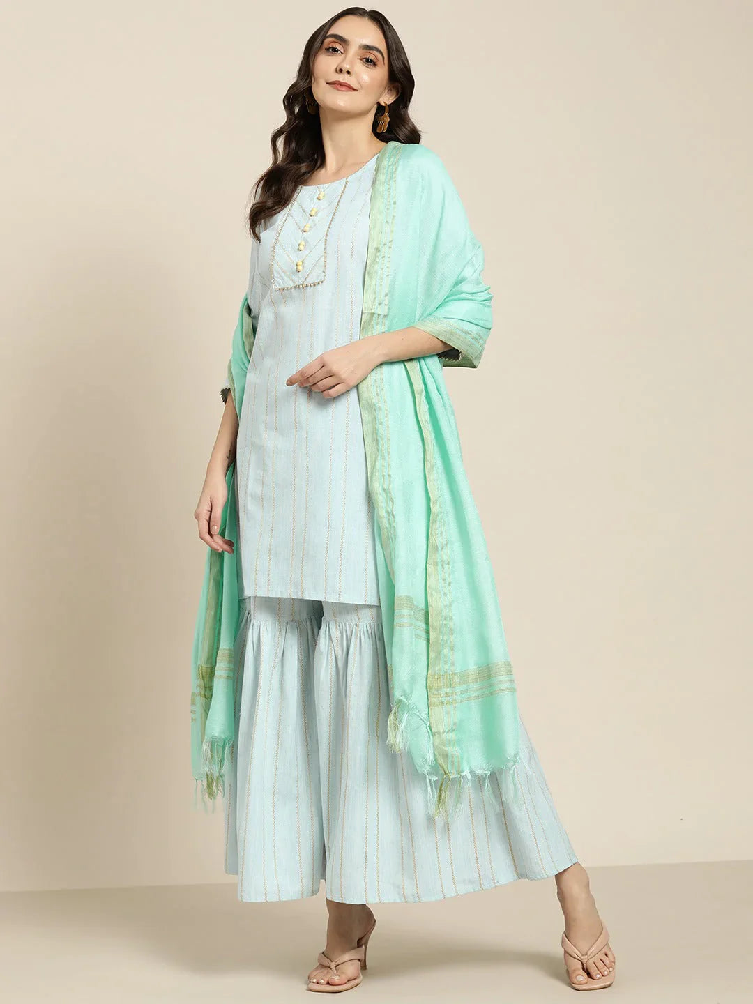 Jompers Women's Turquoise Blue Woven Design Gotta Patti Kurta with Sharara & Dupatta - Distacart