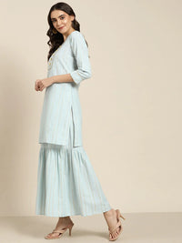 Thumbnail for Jompers Women's Turquoise Blue Woven Design Gotta Patti Kurta with Sharara & Dupatta - Distacart