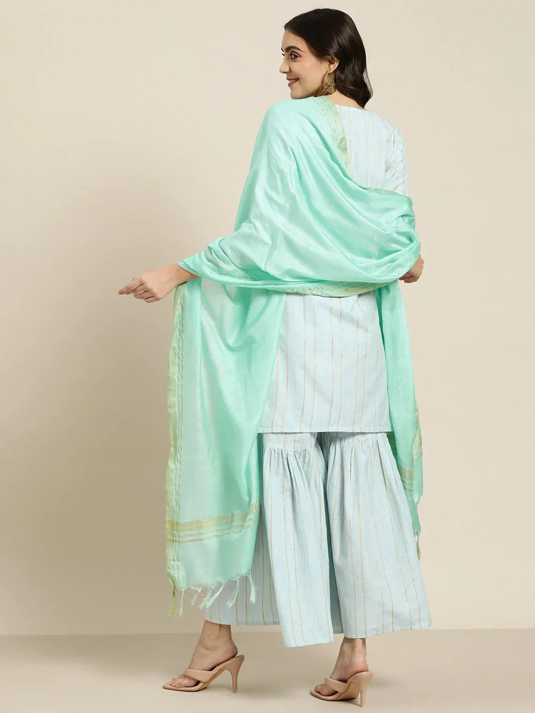 Jompers Women's Turquoise Blue Woven Design Gotta Patti Kurta with Sharara & Dupatta - Distacart