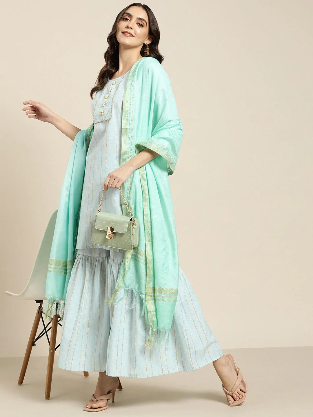 Jompers Women's Turquoise Blue Woven Design Gotta Patti Kurta with Sharara & Dupatta - Distacart
