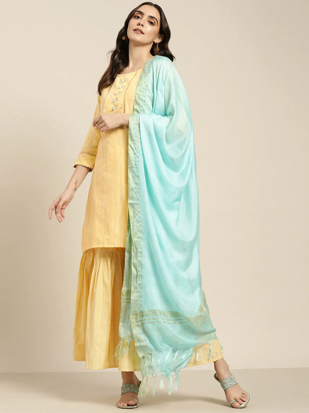 Jompers Women's Yellow Woven Design Gotta Patti Kurta with Sharara & Dupatta - Distacart