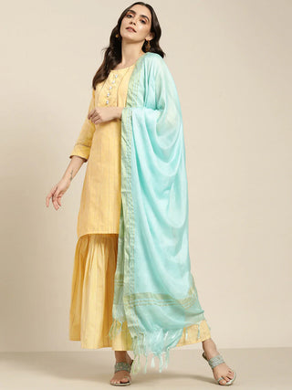 Jompers Women's Yellow Woven Design Gotta Patti Kurta with Sharara & Dupatta - Distacart
