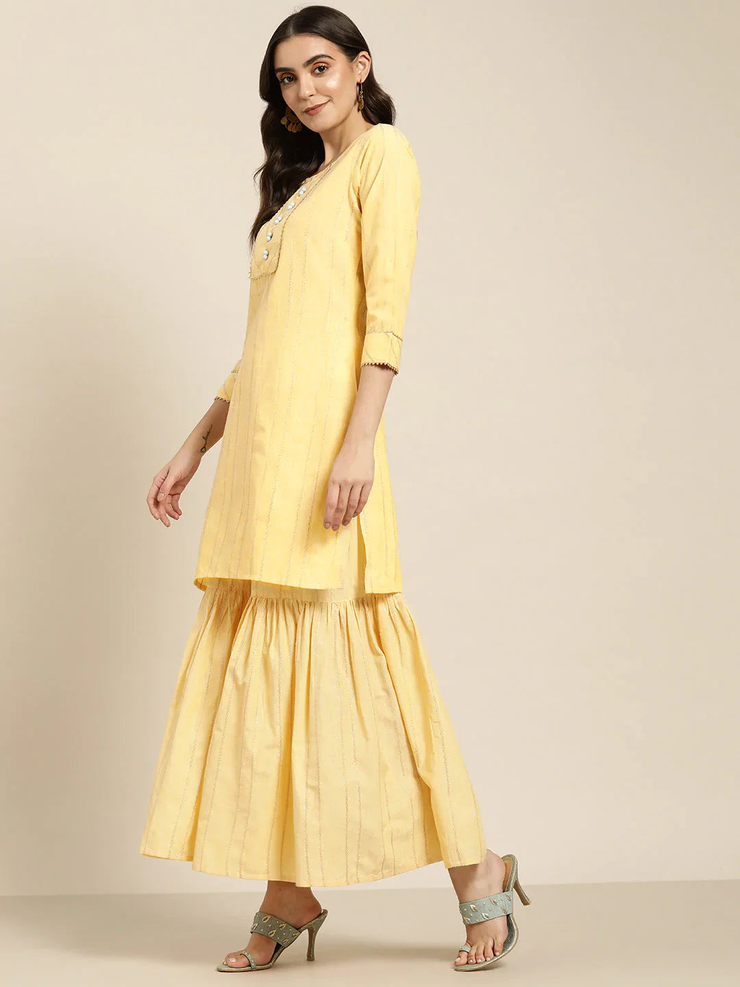 Jompers Women's Yellow Woven Design Gotta Patti Kurta with Sharara & Dupatta - Distacart