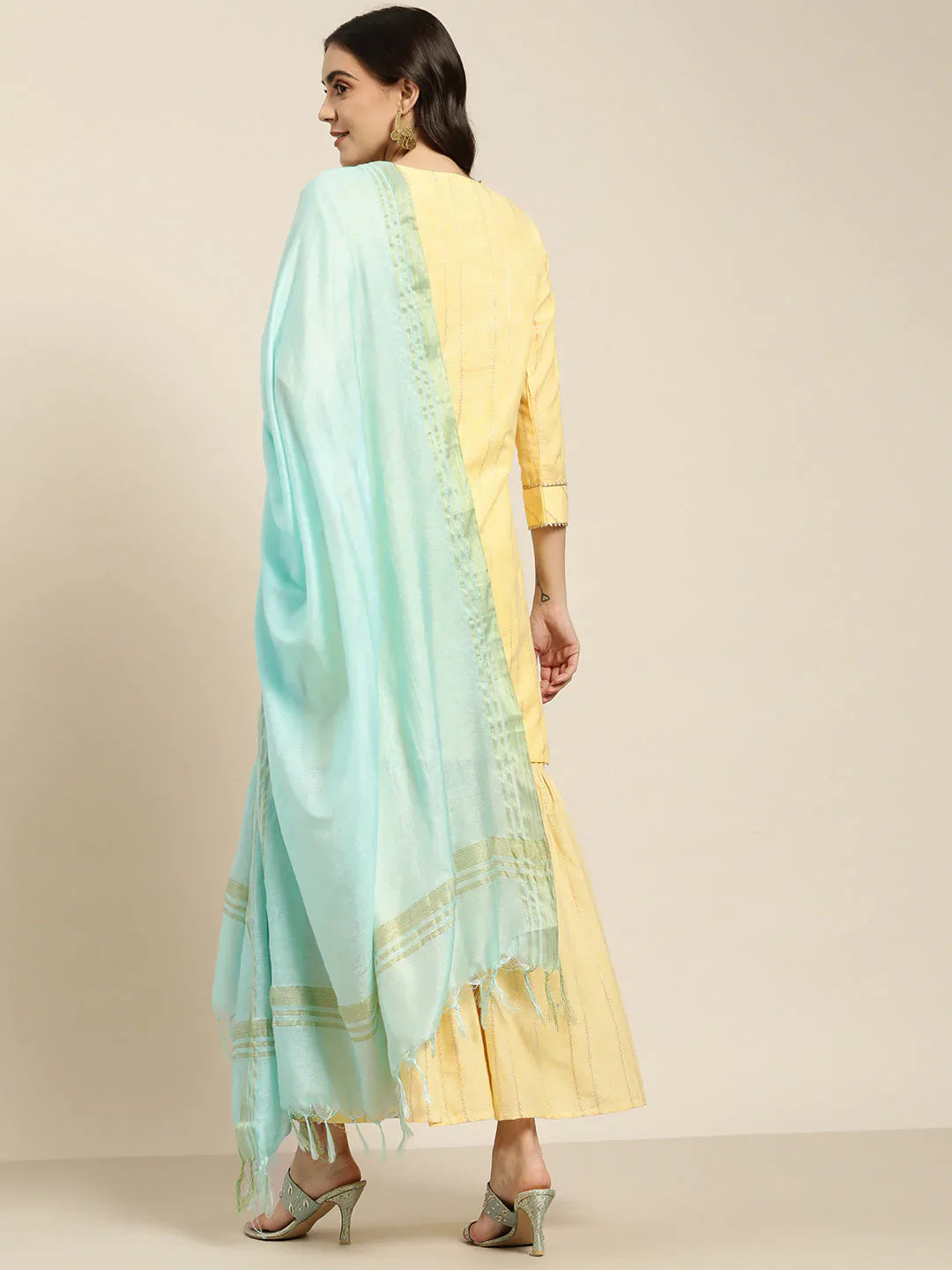 Jompers Women's Yellow Woven Design Gotta Patti Kurta with Sharara & Dupatta - Distacart