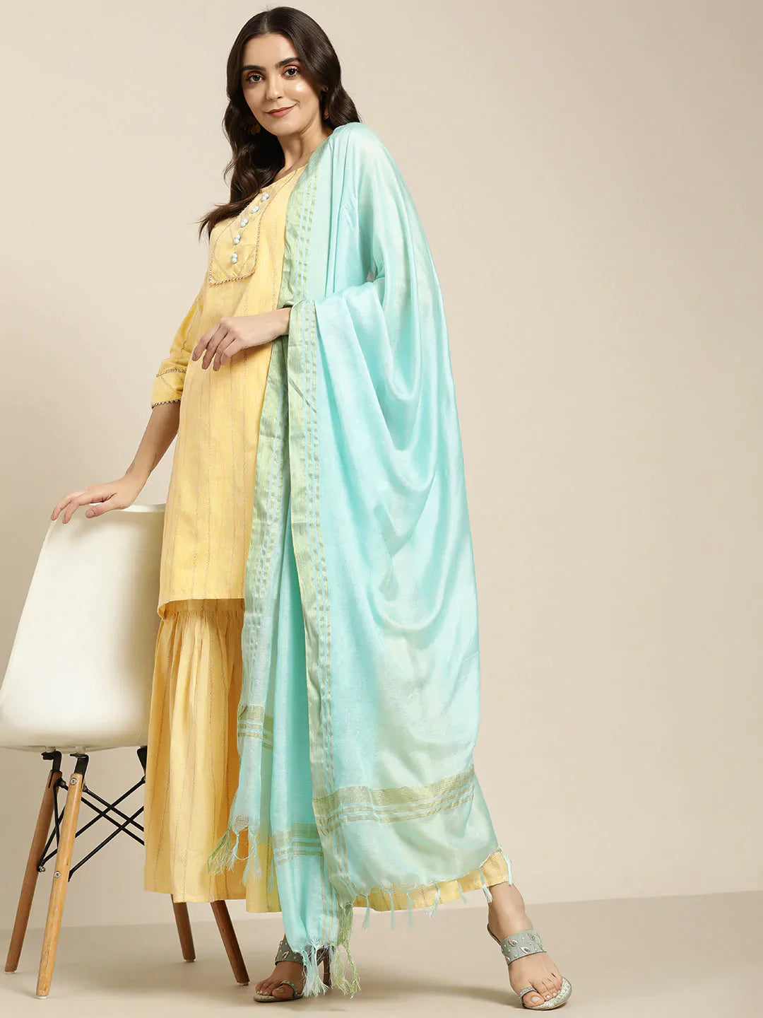 Jompers Women's Yellow Woven Design Gotta Patti Kurta with Sharara & Dupatta - Distacart