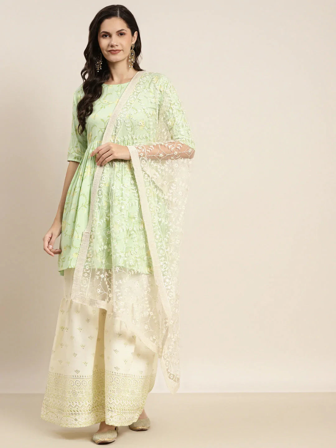 Jompers Women's Green Kurta with Sharara & Dupatta - Green - Distacart