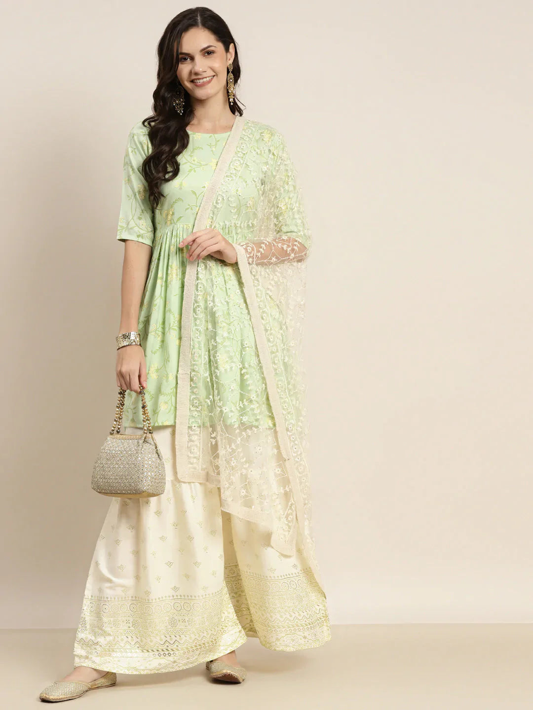 Jompers Women's Green Kurta with Sharara & Dupatta - Green - Distacart