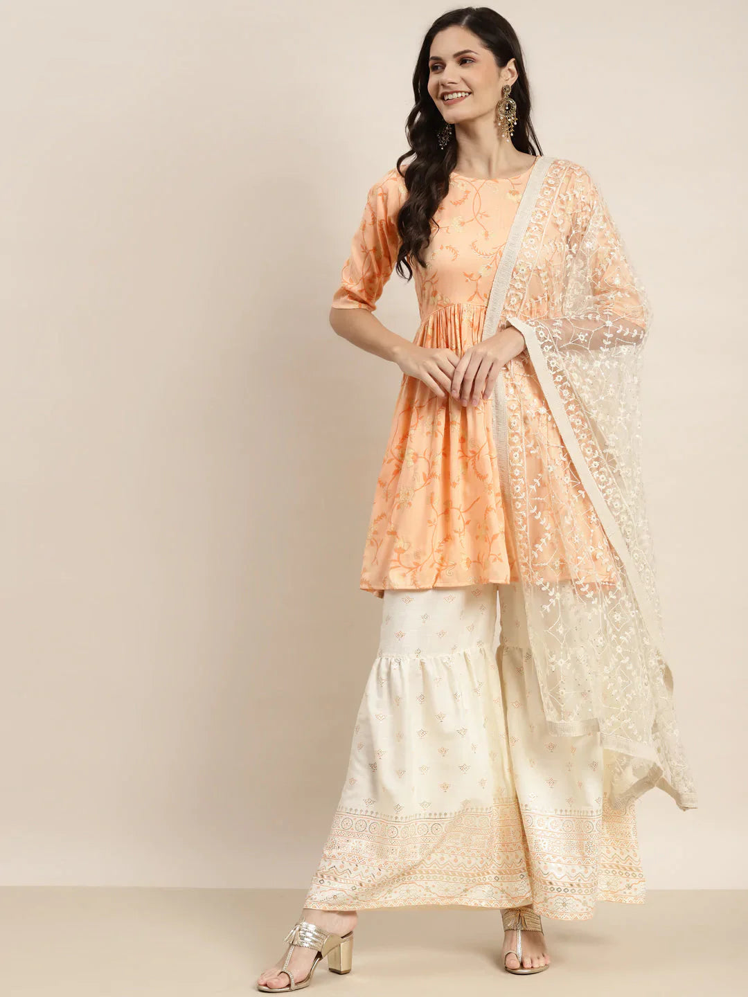 Jompers Women's Orange Kurta with Sharara & Dupatta - Orange - Distacart