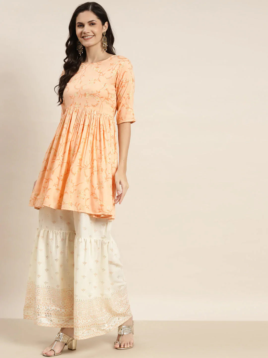 Jompers Women's Orange Kurta with Sharara & Dupatta - Orange - Distacart