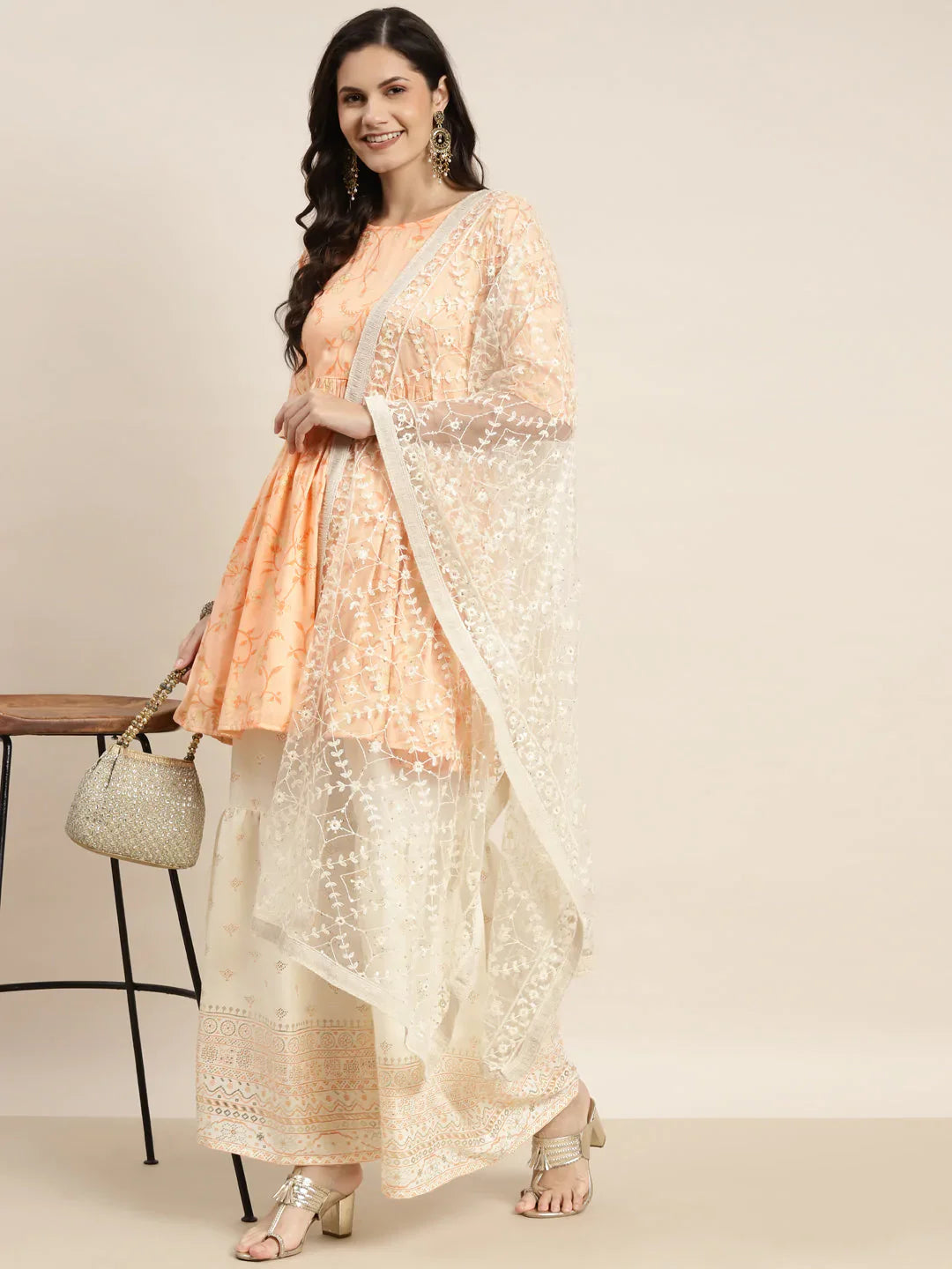 Jompers Women's Orange Kurta with Sharara & Dupatta - Orange - Distacart