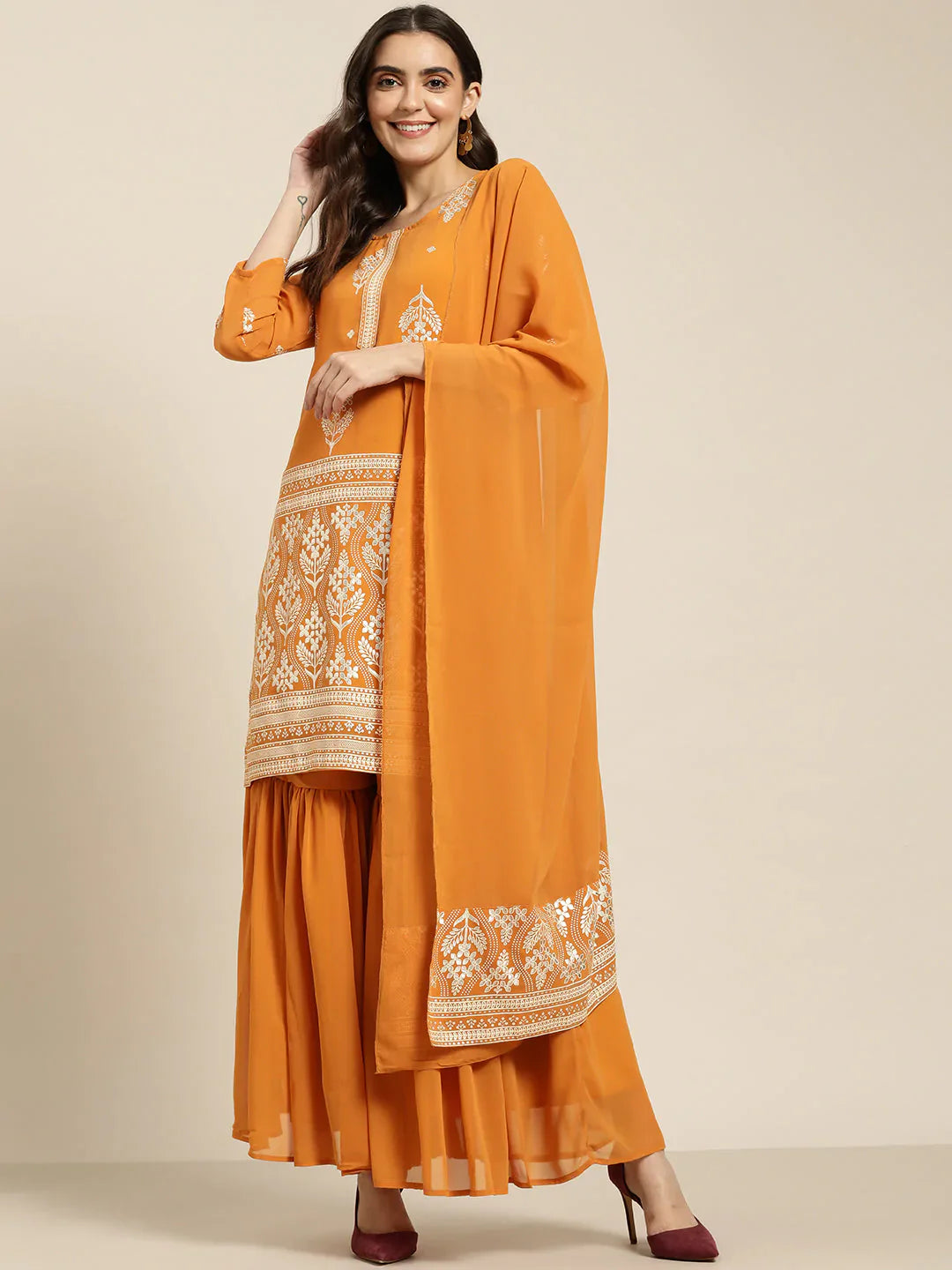 Jompers Women's Orange & Silver Ethnic Motifs Foil Printed Straight Kurta Sharara Dupatta - Distacart