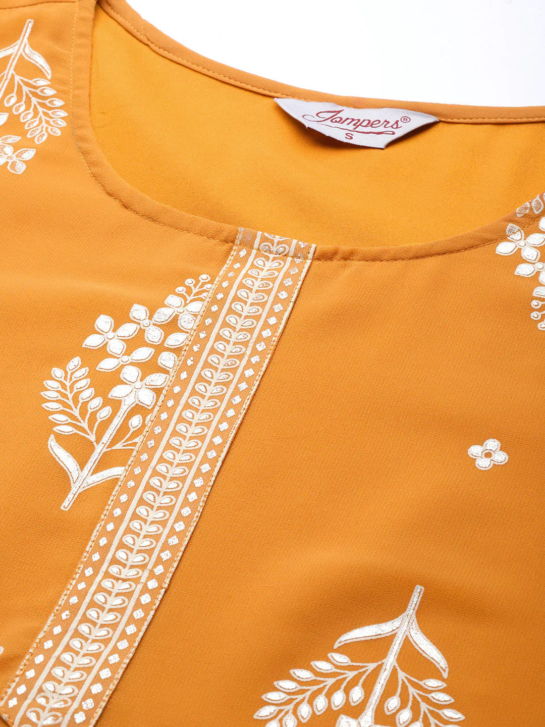 Jompers Women's Orange & Silver Ethnic Motifs Foil Printed Straight Kurta Sharara Dupatta - Distacart
