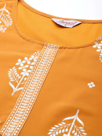 Thumbnail for Jompers Women's Orange & Silver Ethnic Motifs Foil Printed Straight Kurta Sharara Dupatta - Distacart