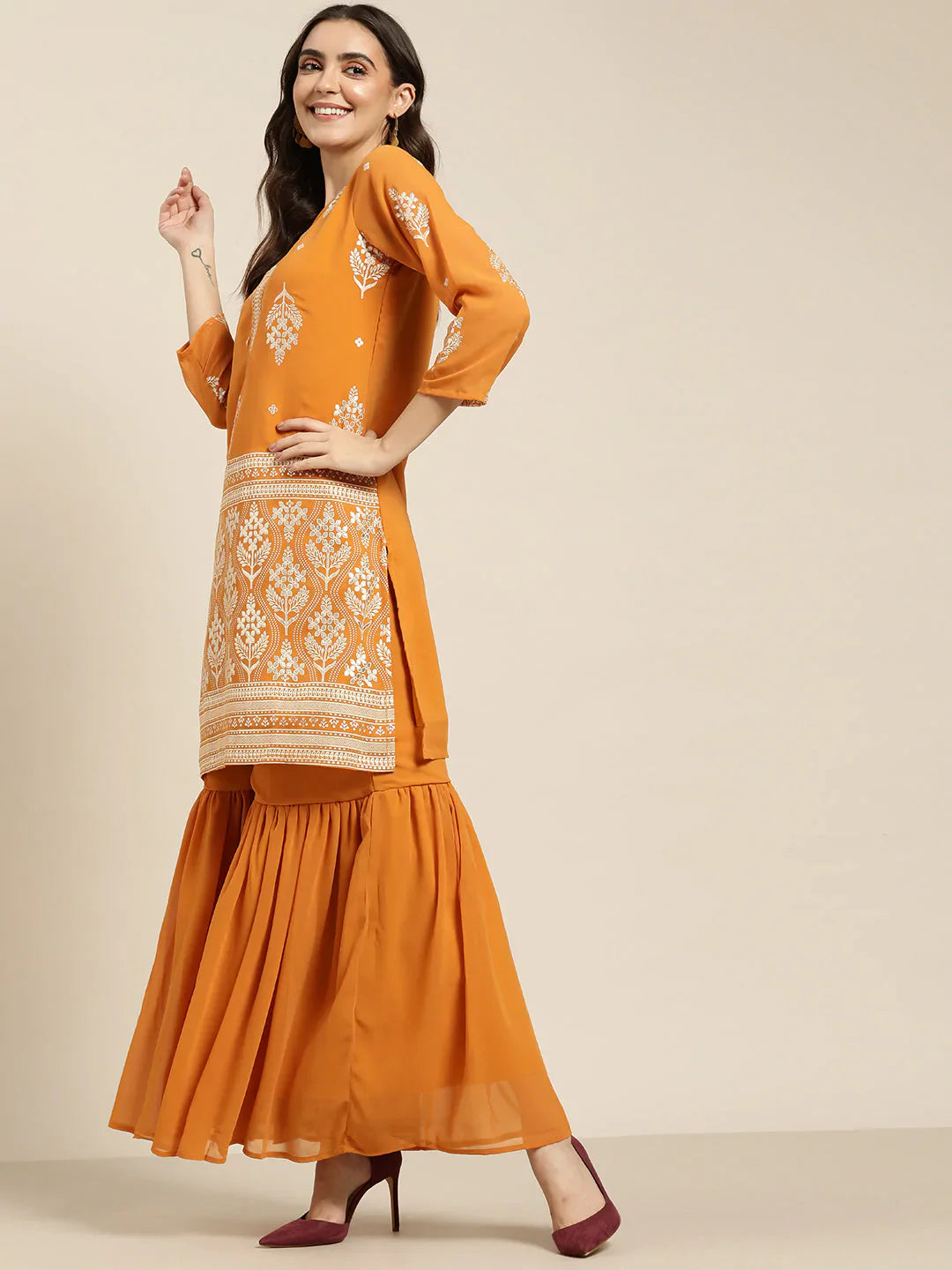 Jompers Women's Orange & Silver Ethnic Motifs Foil Printed Straight Kurta Sharara Dupatta - Distacart