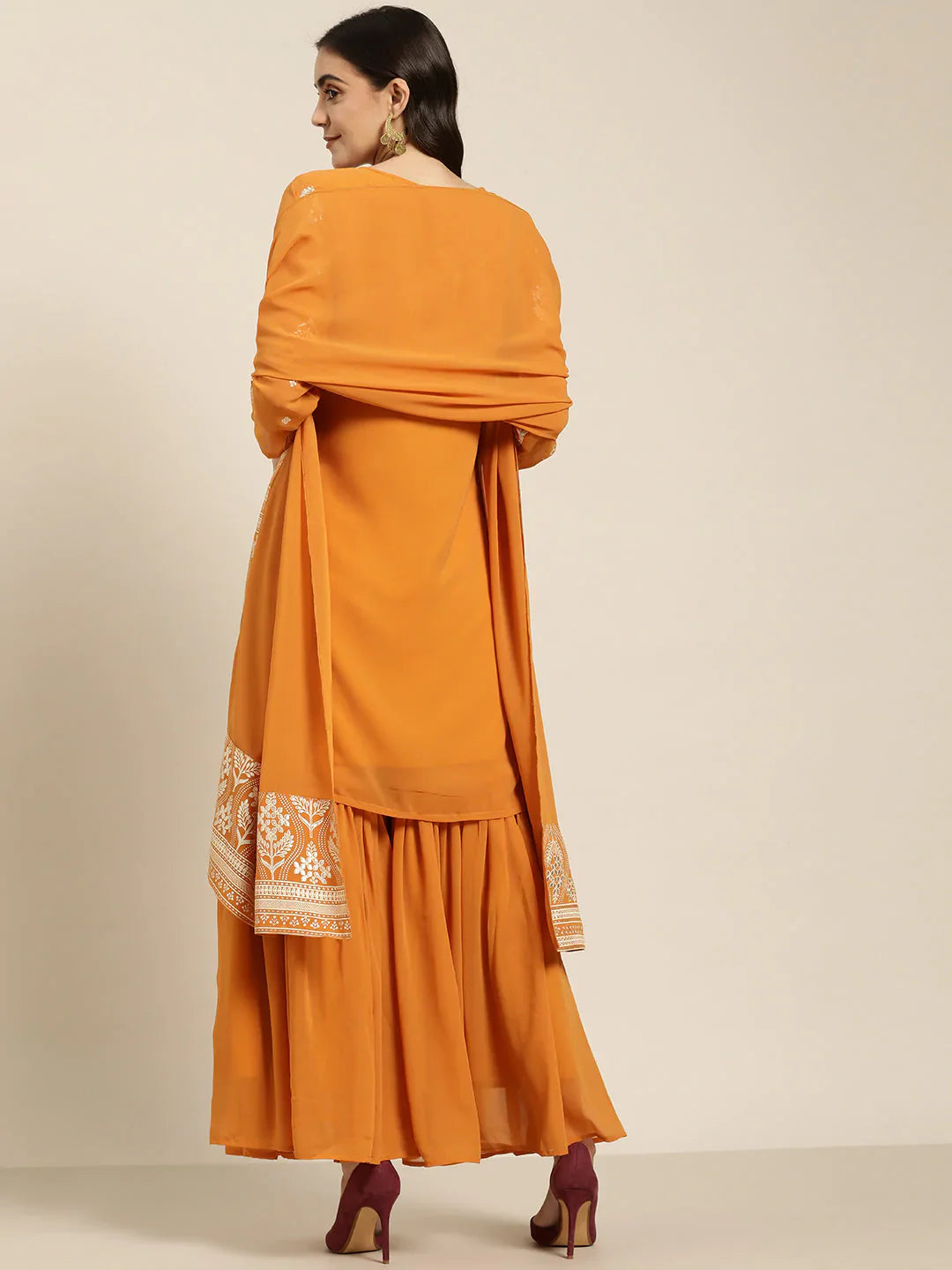 Jompers Women's Orange & Silver Ethnic Motifs Foil Printed Straight Kurta Sharara Dupatta - Distacart