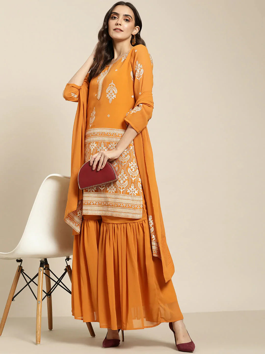 Jompers Women's Orange & Silver Ethnic Motifs Foil Printed Straight Kurta Sharara Dupatta - Distacart