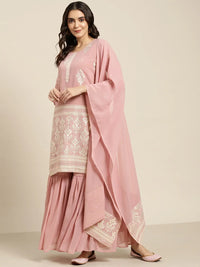 Thumbnail for Jompers Women's Pink & Silver Ethnic Motifs Foil Printed Straight Kurta Sharara Dupatta - Distacart