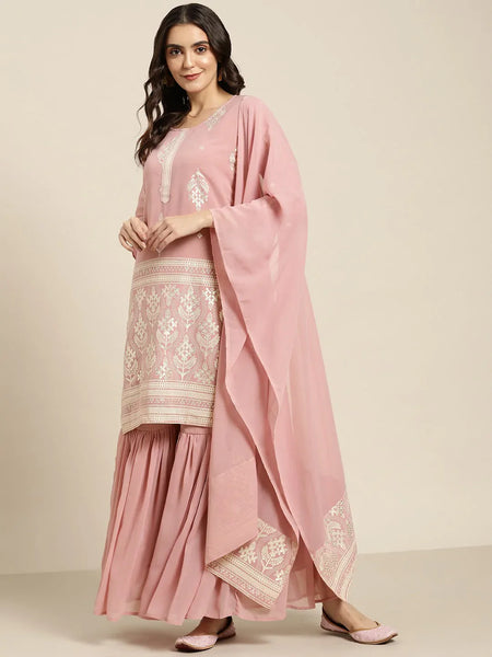 Jompers Women's Pink & Silver Ethnic Motifs Foil Printed Straight Kurta Sharara Dupatta - Distacart