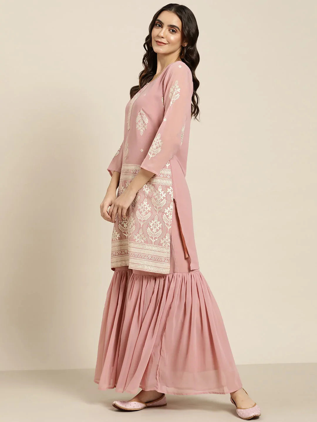 Jompers Women's Pink & Silver Ethnic Motifs Foil Printed Straight Kurta Sharara Dupatta - Distacart