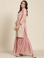 Thumbnail for Jompers Women's Pink & Silver Ethnic Motifs Foil Printed Straight Kurta Sharara Dupatta - Distacart