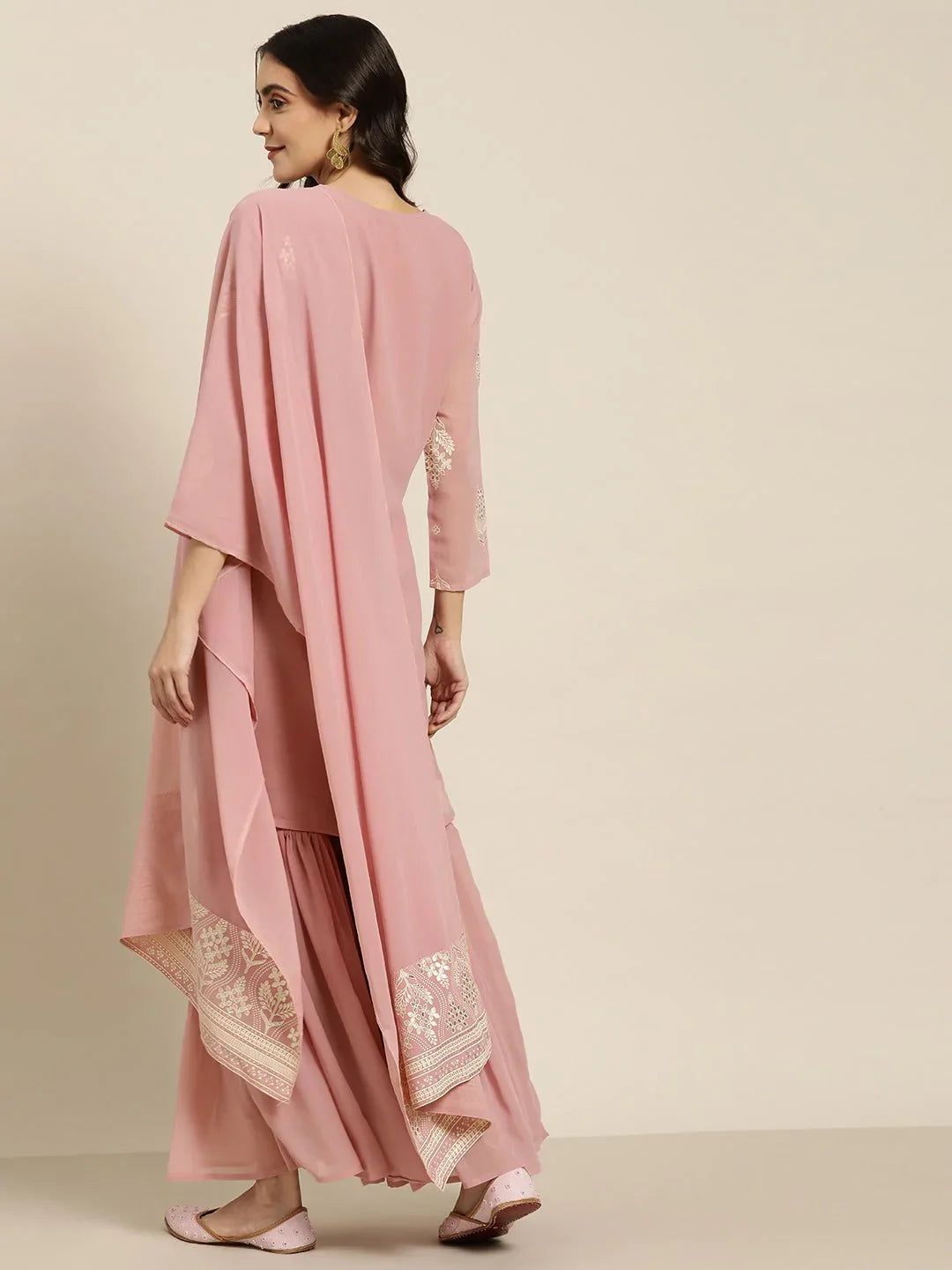 Jompers Women's Pink & Silver Ethnic Motifs Foil Printed Straight Kurta Sharara Dupatta - Distacart