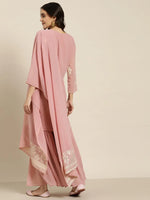 Thumbnail for Jompers Women's Pink & Silver Ethnic Motifs Foil Printed Straight Kurta Sharara Dupatta - Distacart
