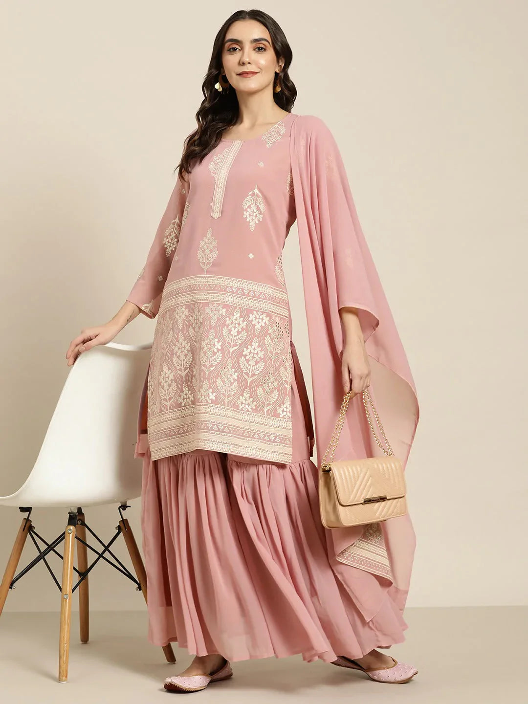 Jompers Women's Pink & Silver Ethnic Motifs Foil Printed Straight Kurta Sharara Dupatta - Distacart