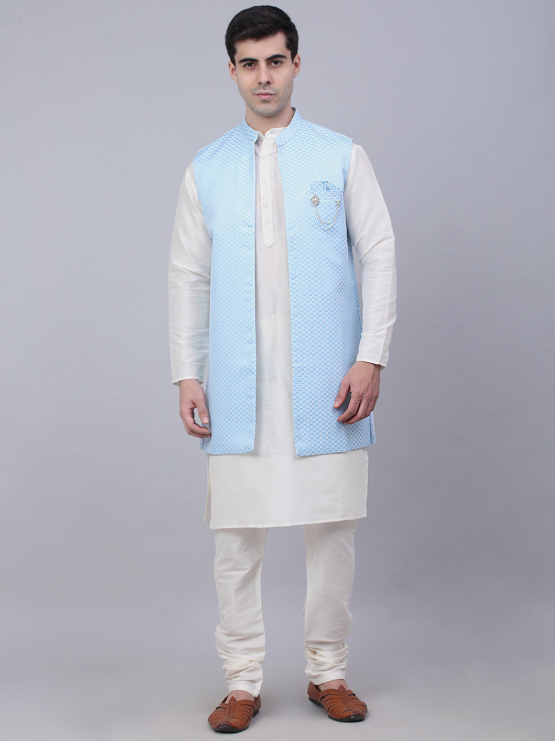 Jompers Men's Solid Kurta Pyjama With Shrug Jacket - Blue - Distacart
