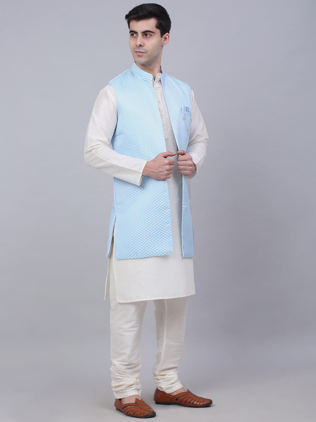 Jompers Men's Solid Kurta Pyjama With Shrug Jacket - Blue - Distacart