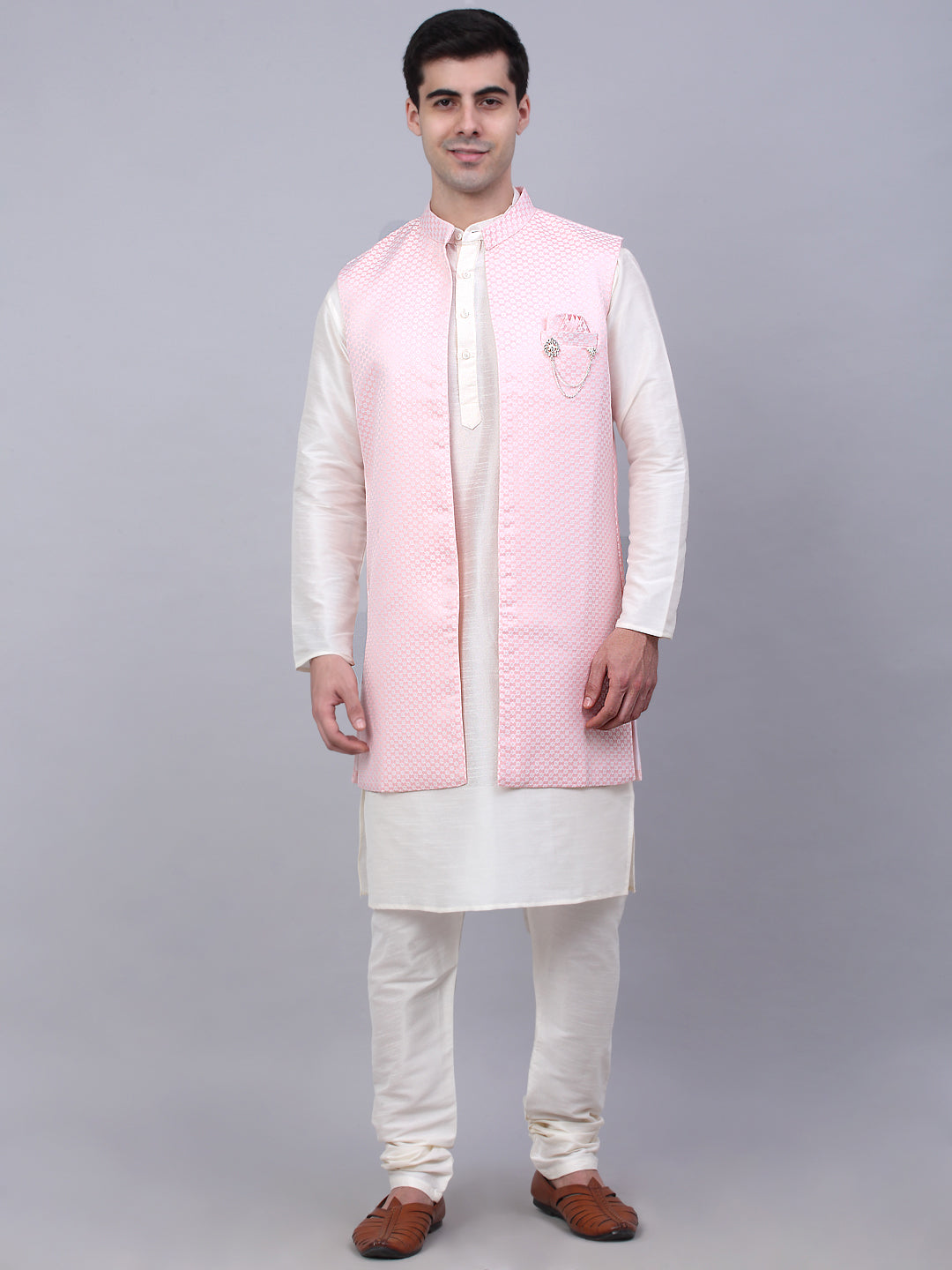 Jompers Men's Solid Kurta Pyjama With Shrug Jacket - Pink - Distacart