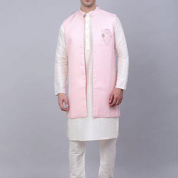 Jompers Men's Solid Kurta Pyjama With Shrug Jacket - Pink - Distacart