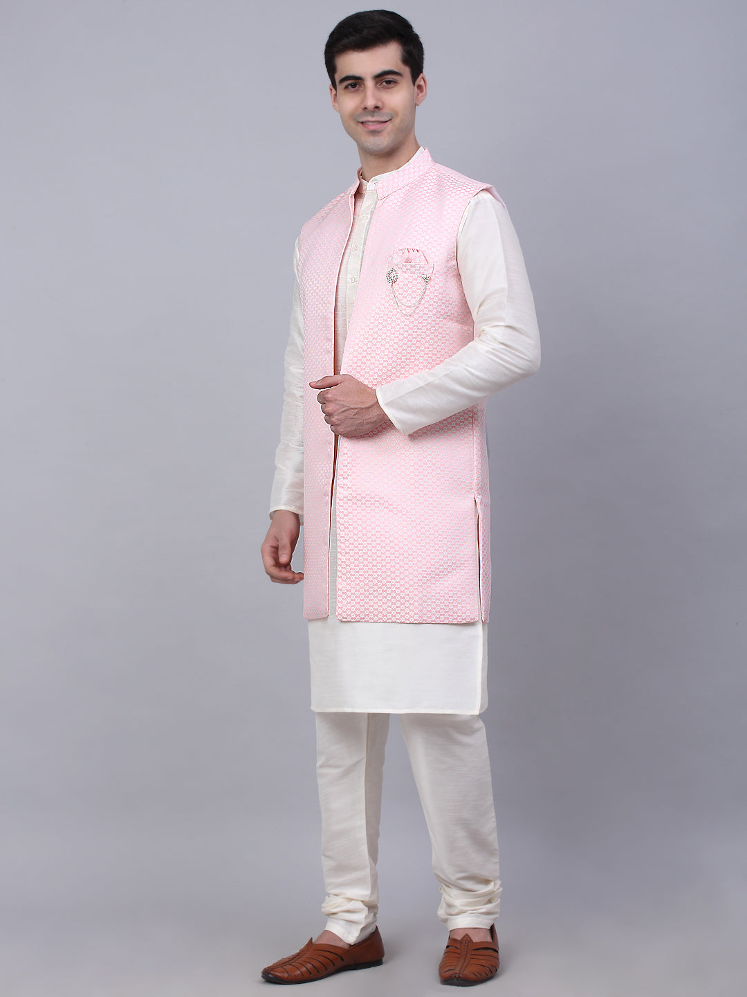 Jompers Men's Solid Kurta Pyjama With Shrug Jacket - Pink - Distacart