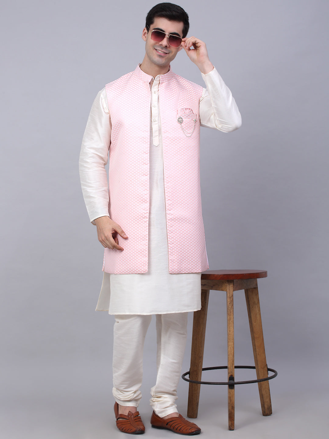Jompers Men's Solid Kurta Pyjama With Shrug Jacket - Pink - Distacart