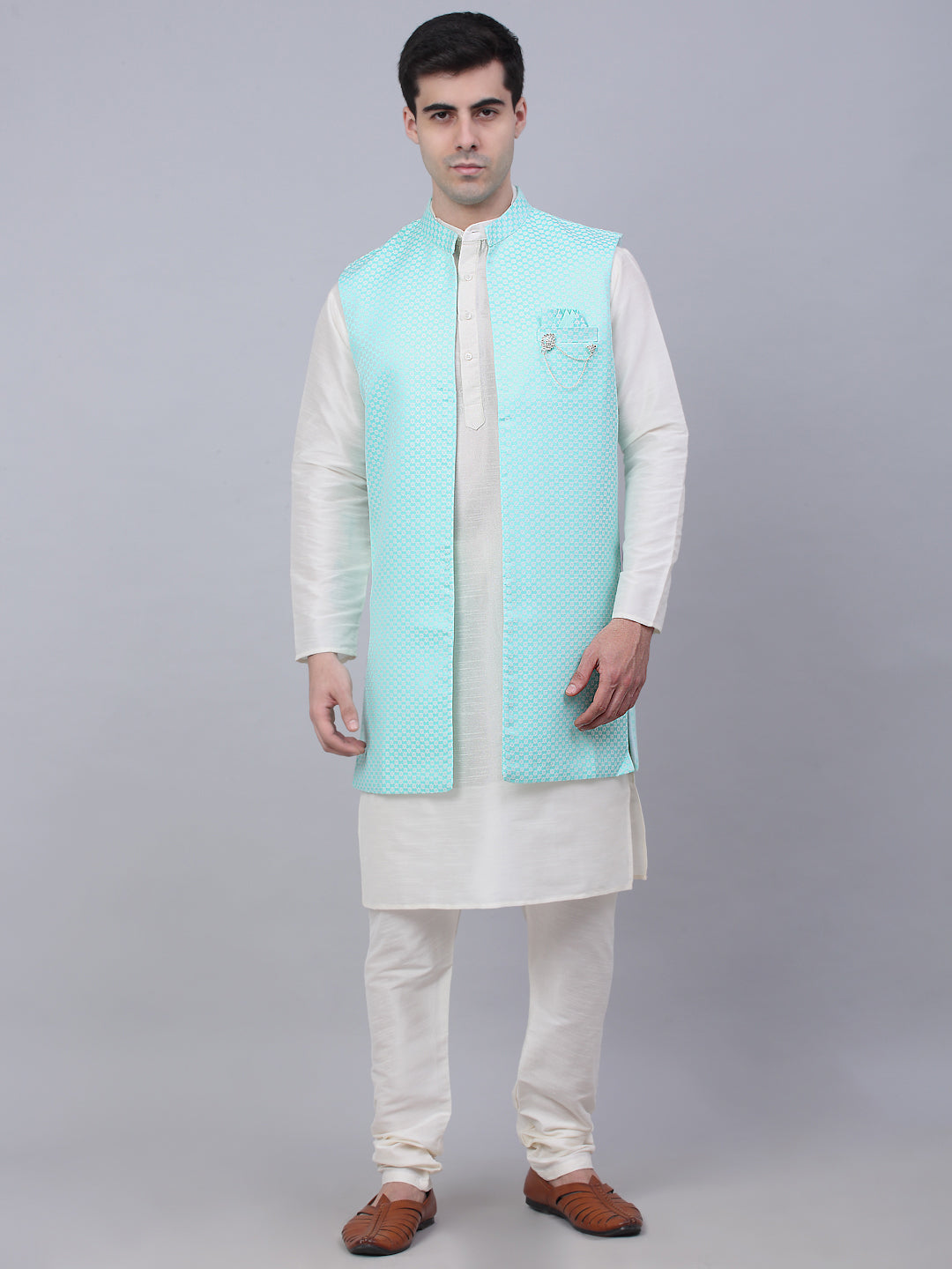 Jompers Men's Solid Kurta Pyjama With Shrug Jacket - Sky Blue - Distacart