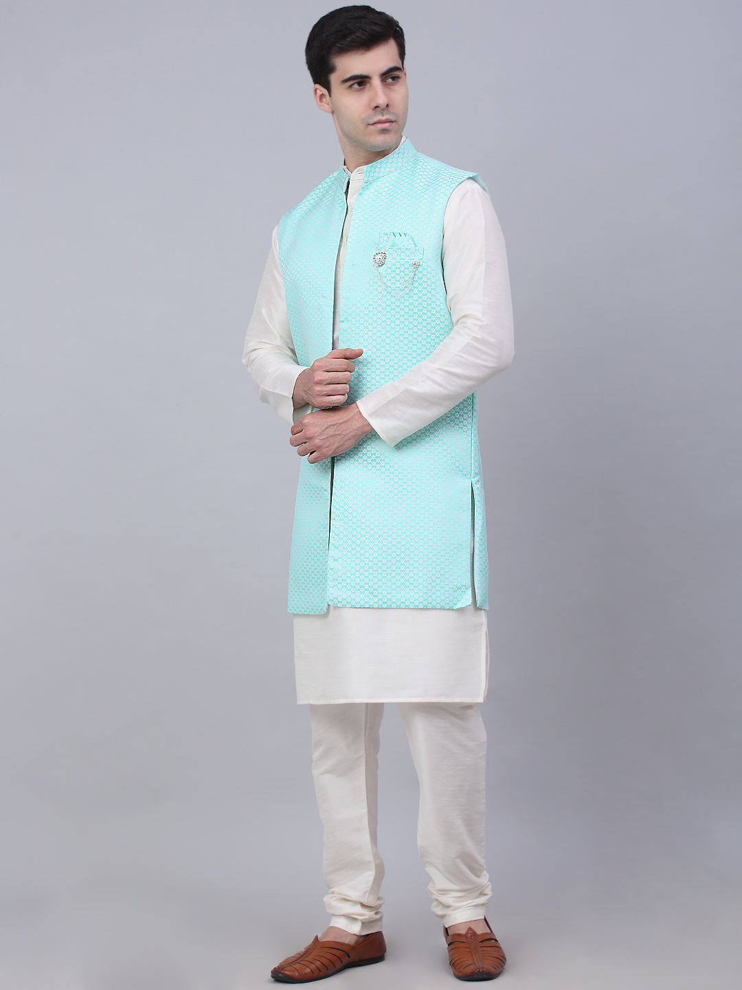 Jompers Men's Solid Kurta Pyjama With Shrug Jacket - Sky Blue - Distacart