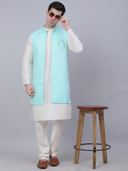 Jompers Men's Solid Kurta Pyjama With Shrug Jacket - Sky Blue - Distacart
