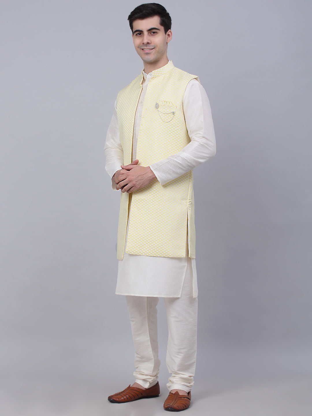 Jompers Men's Solid Kurta Pyjama With Shrug Jacket - Yellow - Distacart