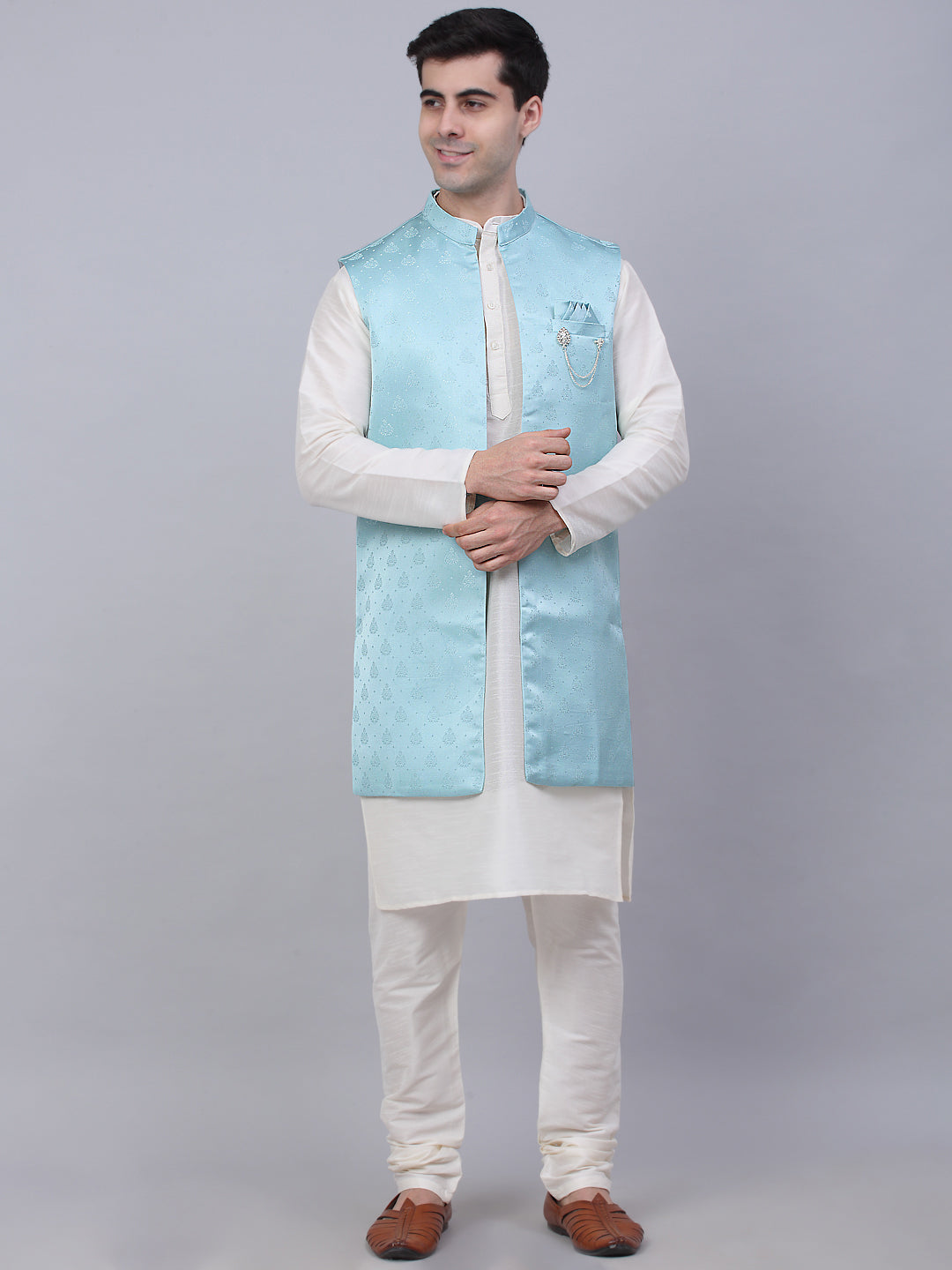 Jompers Men's Solid Kurta Pyjama With Shrug Jacket - Sky Blue - Distacart