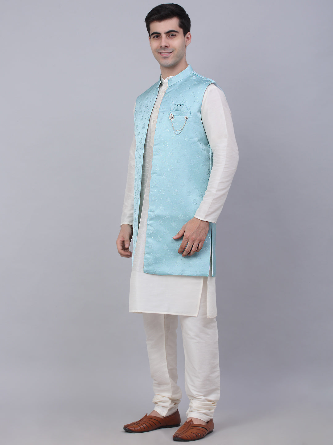 Jompers Men's Solid Kurta Pyjama With Shrug Jacket - Sky Blue - Distacart