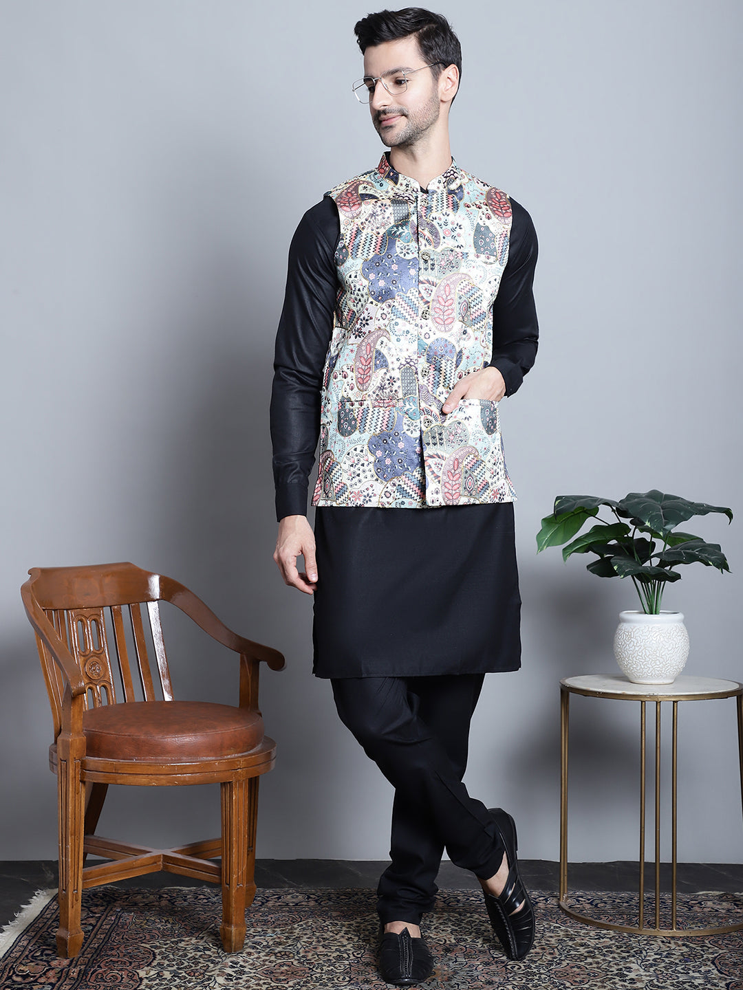 Jompers Men's Digital Print and Zari Work Nehru Jacket With Kurta Pyjama Set - Blue - Distacart