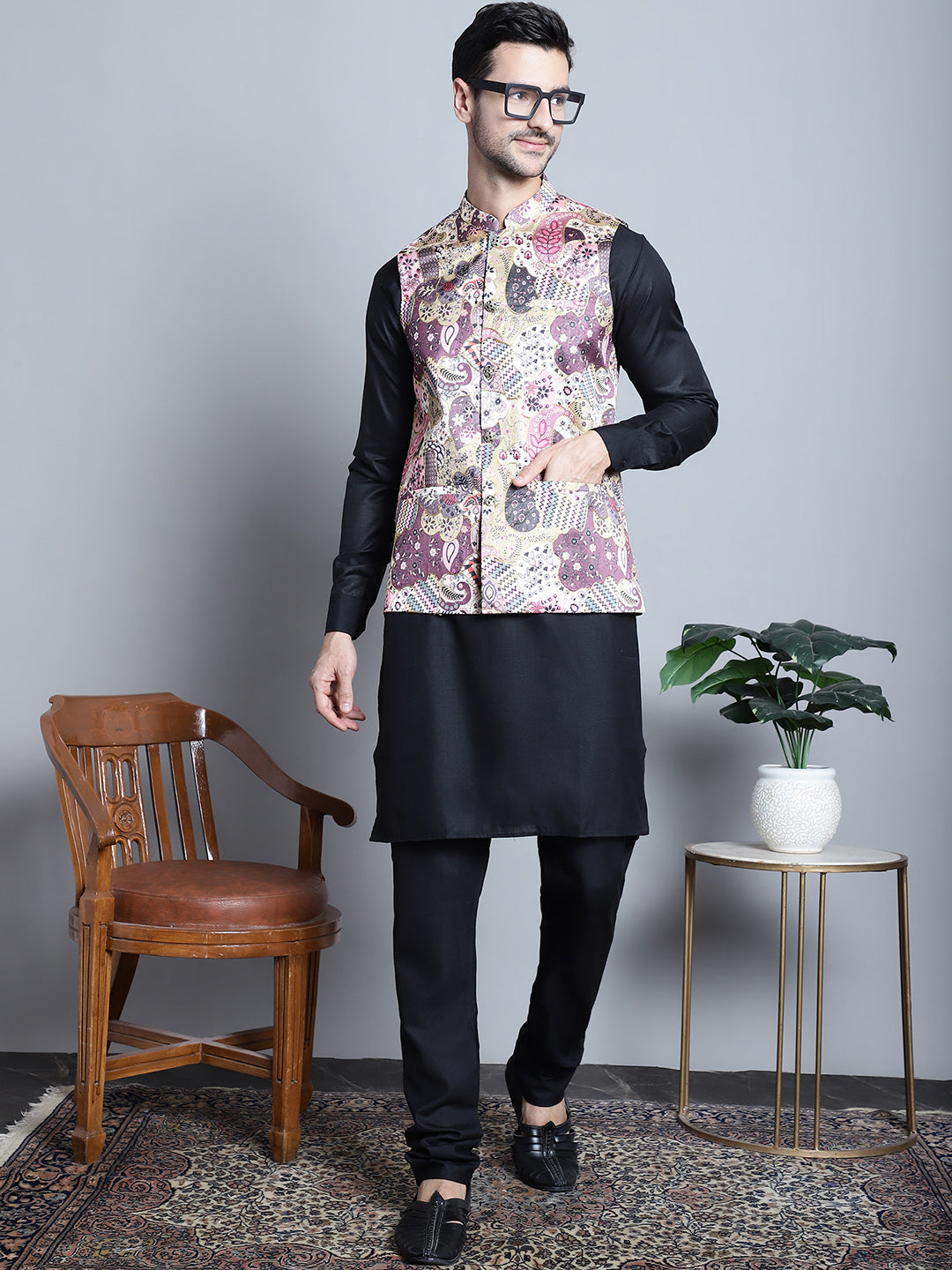 Jompers Men's Digital Print and Zari Work Nehru Jacket With Kurta Pyjama Set - Purple - Distacart