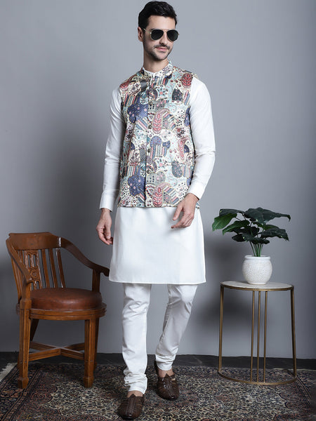 Jompers Men's Digital Print and Zari Work Nehru Jacket With Kurta Pyjama Set - Blue - Distacart