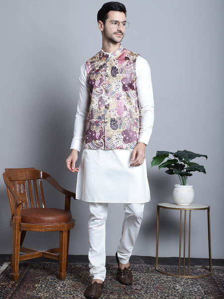 Jompers Men's Digital Print and Zari Work Nehru Jacket With Kurta Pyjama Set - Purple - Distacart